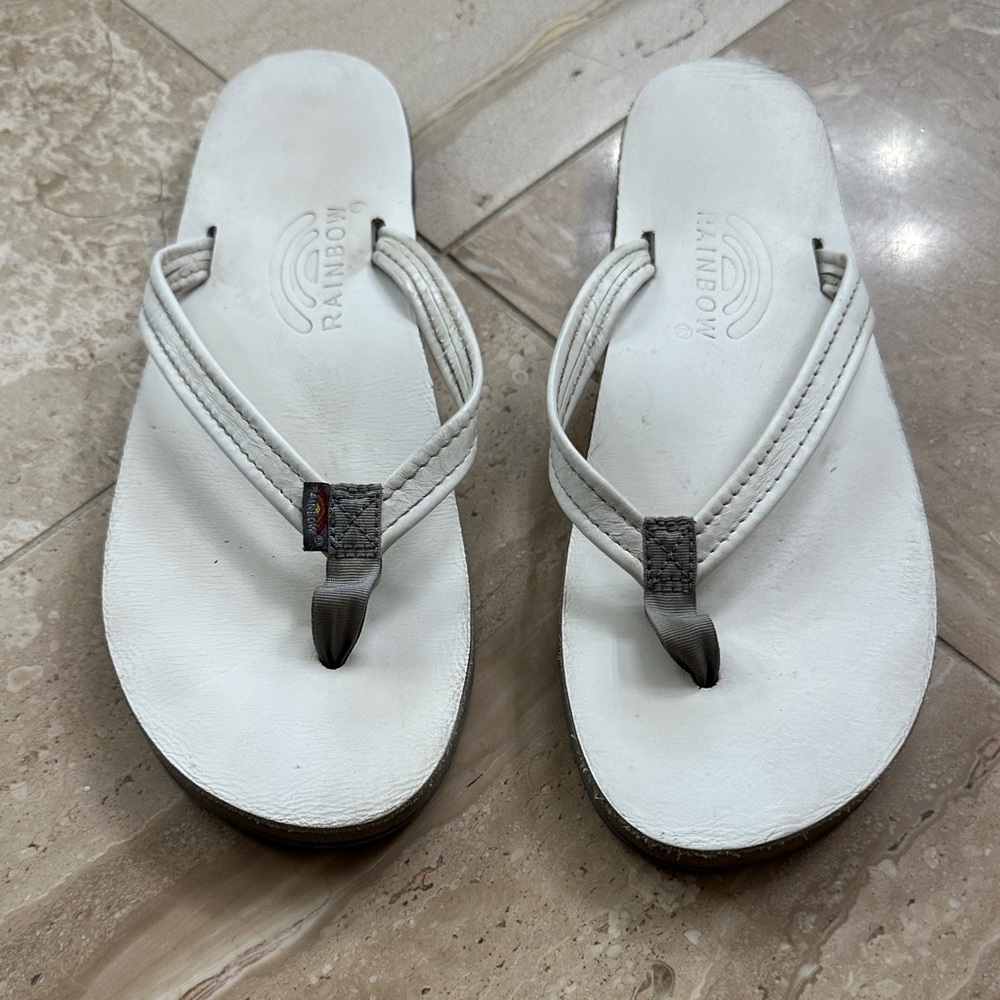 Rainbow White and Gray Leather Flip Flop Sandals